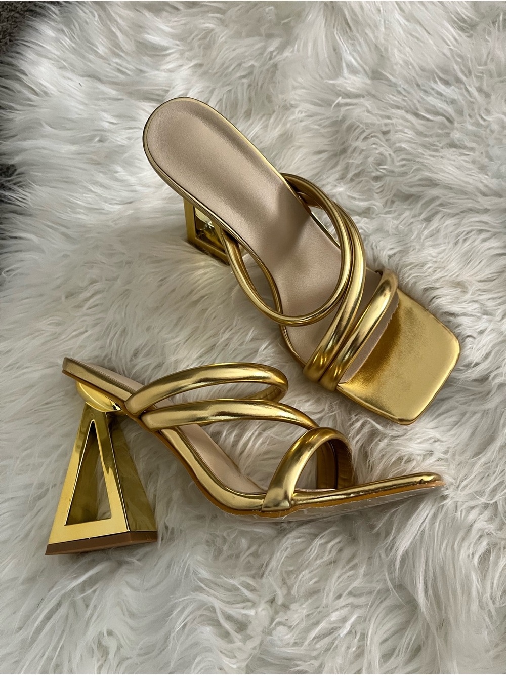 Gold Strappy Block Heel Sandals - Women's
